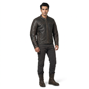 Finer Threads Men's Casual <b>Zip</b>-<b>Up</b> Slim Bomber Cow Leather <b>Jacket</b> with Stand Collar Breathable Vintage Style - Product Image 1