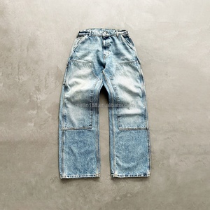 Jeans personnalisés en denim brut délavé bleu selvedge 14oz, coupe ample, style streetwear décontracté, haute qualité - Product Image 1