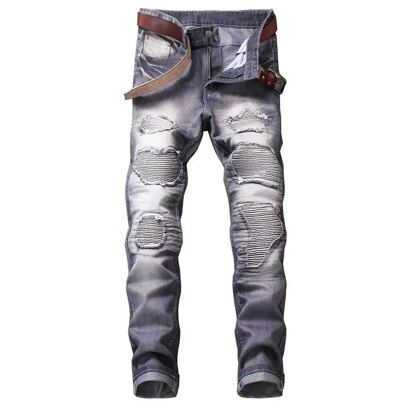 Nouveau style de destruction douloureuse des pantalons art patch skinny bike blue jeans pour hommes