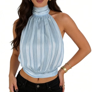 Top corto halter sin espalda para mujer, sin mangas, con lazo en la espalda, fruncido, tipo blusa/chaleco, para fiesta, a la moda - Product Image 5