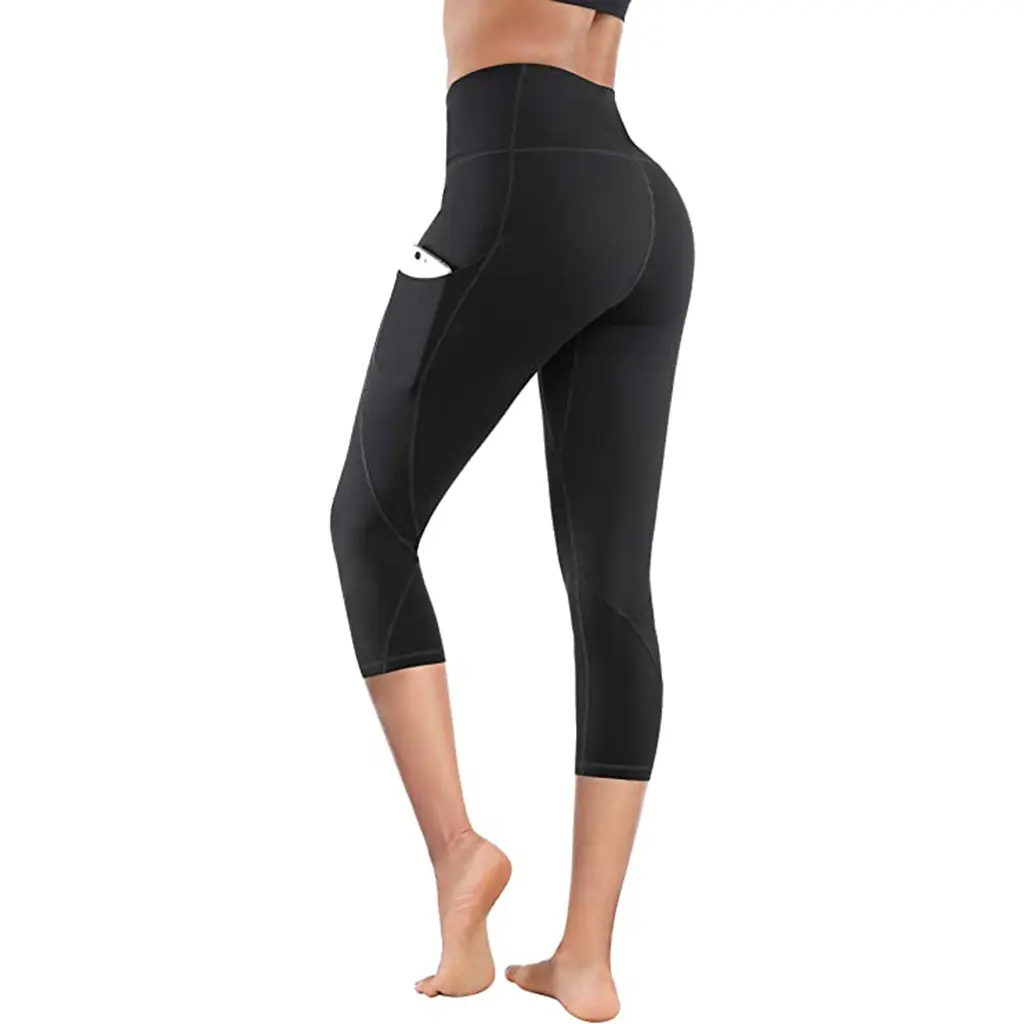 נשים גבוהה מותן יוגה מכנסיים עם כיסים בטן שליטה הלא לראות דרך אימון ספורט ריצה קאפרי חותלות