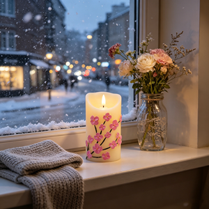 <span class=keywords><strong>Bougie</strong></span> électronique <span class=keywords><strong>LED</strong></span> à motif de fleurs de prunier avec flamme 3D, alimentée par piles, décoration romantique pour Noël et le Nouvel An - Product Image 1