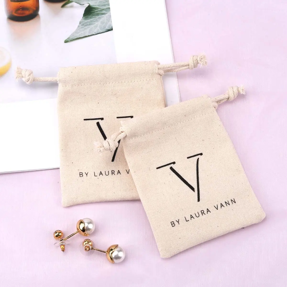 Bolsa con cordón de joyería de lona Natural de alta calidad, Impresión de logotipo personalizado, bolsa de polvo de joyería de regalo de algodón orgánico