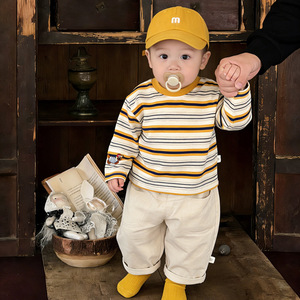 Ensemble T-shirt rayé à manches longues en coton pour bébé garçon et pantalon décontracté style western pour le printemps et l'automne - Product Image 2