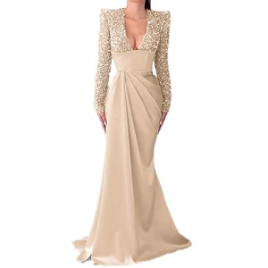 Vestido de noche de manga larga con cuello en V y lentejuelas, estilo sirena, formal, para mujer - Product Image 5