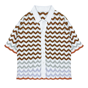 Tùy Chỉnh Mùa Hè Đan Polo Áo Sơ Mi Gradient Sóng Đan Ngắn Tay Áo Crochet 100% Bông Jacquard Cardigan Người Đàn Ông Dệt Kim Polo Áo Sơ Mi - Product Image 3