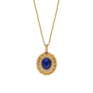 Kisvi s925 sterling silver inlaid natural lapis lazuli colored gemstone necklace women's pendant