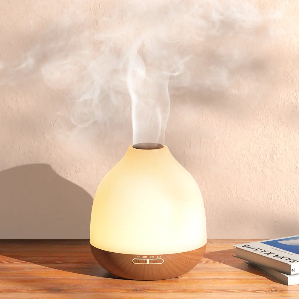 Desain Baru 500Ml Penyebar Minyak Esensi Nebulizing Rumah Mini Ultrasonik Humidifier Aroma Diffuser Kayu dengan Cahaya Warna-warni