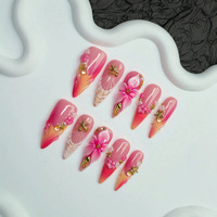 Lot de 10 faux ongles stiletto rose vif faits à la main avec breloques étoile de mer dorée et perle, luxe, à presser, taille moyenne