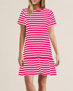 Robe d'été à rayures pour femmes, à la mode, décontractée, à col rond, à manches courtes avec poche - Product Image 5