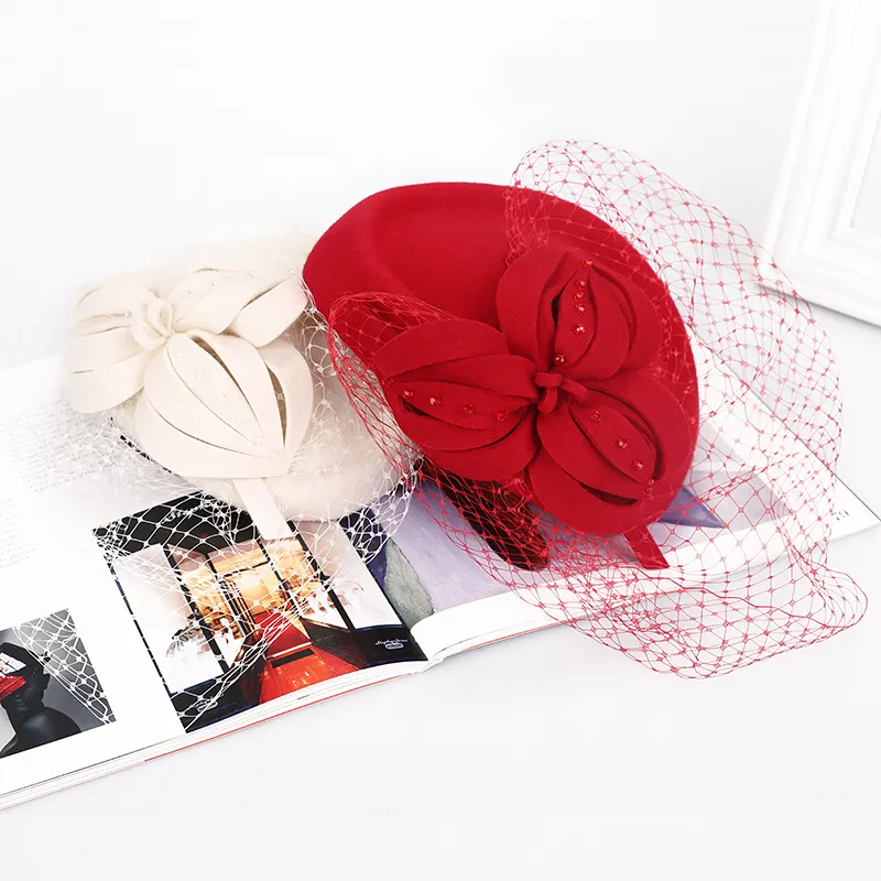 Zomer Zwarte Dames Dames Rood Wit Elegante Baret Ceremonie Half Voor Maken Mesh Fluwelen Kerkhoed Hoeden En Fascinators