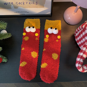 WZ-305 femmes grands yeux mi-longueur hiver épais tricoté respirant corail polaire dessin animé frites chaud maison sommeil <span class=keywords><strong>chaussettes</strong></span> de sol - Product Image 6