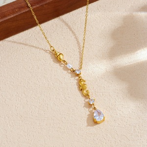 Gold Plated Seahorse Pendant Necklace With Teardrop Crystal And Pearl Y Chain Clavicle Jewelry For Daily Wear Gift - Product Image 2