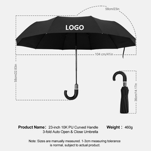 Parapluie pliant automatique en cuir PU avec poignée incurvée, ouverture automatique, pour affaires, diamètre 104 cm, 10 baleines, personnalisable, 3 plis, avec logo - Product Image 2