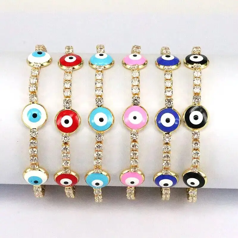 CSJA Fashion 18k Gold Plated Micro Pave Iced Out Cubic Zircon Lucky Turkish Enamel Evil Eye Bracelet For Women Teen Girls S990