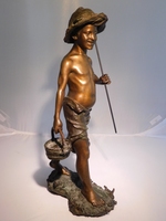 Statue de jardin en bronze personnalisée, sculpture de garçon pêcheur sur un rocher, taille réelle