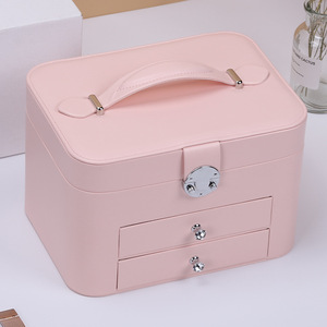 Guorui Nuevo joyero de doble cajón Caja de almacenamiento de joyas de mano de cuero PU con espejo - Product Image 2