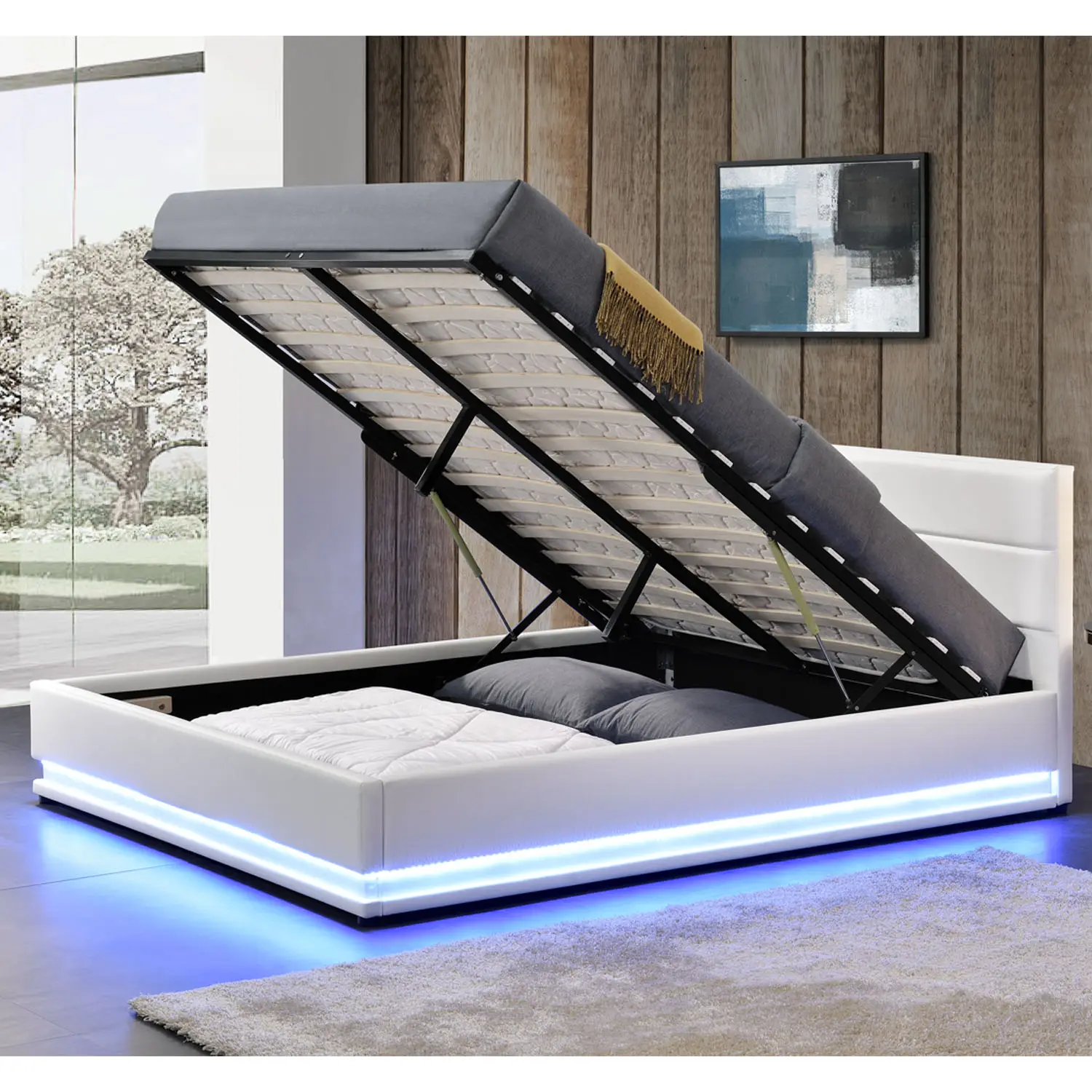 Современные популярные кожаные кровати со светодиодной подсветкой, двойные полноразмерные газовые подъемники, подставка для хранения, черная белая кожа