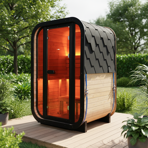 Sauna à vapeur traditionnel extérieur <span class=keywords><strong>en</strong></span> forme de cube, modèle populaire OEM/ODM, pour 2 personnes, petit sauna extérieur avec tuiles <span class=keywords><strong>en</strong></span> asphalte noir - Product Image 1
