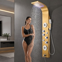 Panneau de douche LED moderne en acier inoxydable thermostatique avec jets latéraux cascade et pluie, et douchette à main pour salle de bain et hôtel