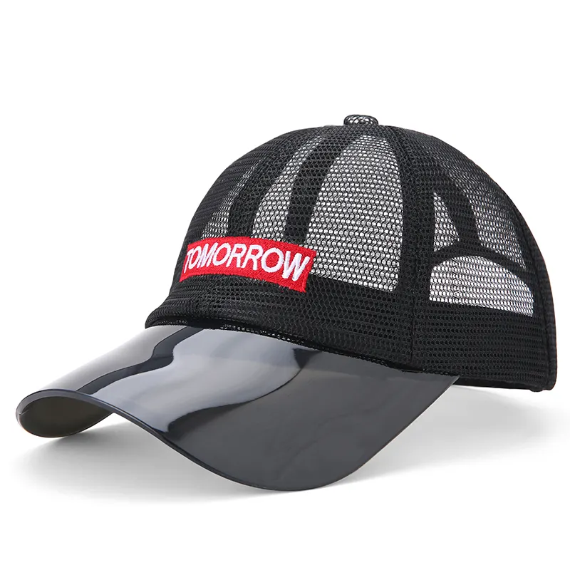 Berretto da Baseball con visiera a rete in bianco personalizzato estivo protezione solare trasparente cappello da camionista in PVC cappello a 6 pannelli ricamato tesa Unisex