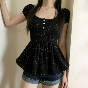 Blusa coreana de manga corta con cuello en U, plisada, con lunares, que estiliza la cintura, con botones frontales y corte en A, estilo babydoll. - Product Image 6