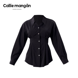 2024 Callie Mangan/Callie Megan verano nuevo diseño adelgazante negro gasa camisa versátil cintura larga Look Oficina liso teñido <span class=keywords><strong>s</strong></span>ólido - Product Image 5