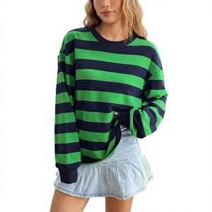Camiseta de Algodón Tejido Transpirable de Manga Larga con Cuello Redondo y Rayas Oversize para Mujer, Verde Marino, Ajuste Holgado, Todas las Estaciones, Verano - Product Image 1