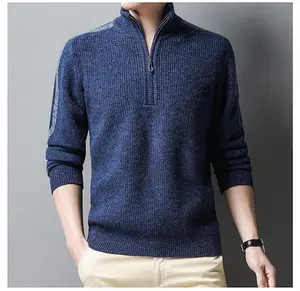 Blusa de malha 100% lã para homens, pulôver casual de manga longa com gola redonda e meia fivela, novo logotipo personalizado anti-encolhimento