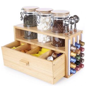Organisateur de thé et de café multifonctionnel de luxe en bambou, distributeur de café pour comptoir avec des contenants en verre et un tiroir pour sachets de thé - Product Image 1