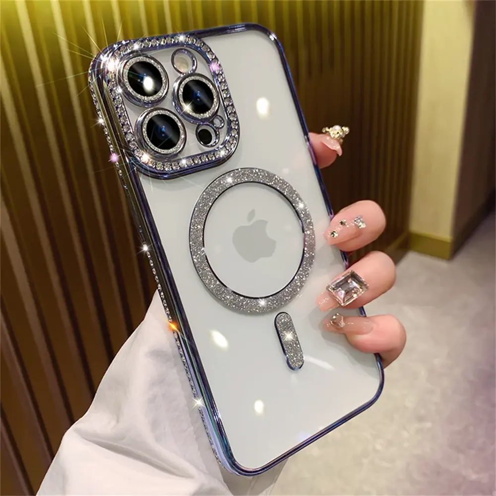 Роскошный Алмазный Блестящий Магнитный зарядный силиконовый мягкий чехол для iPhone 15 14 13 12 Pro Max Plus 11 прозрачный противоударный чехол