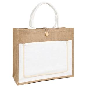 Factory Price Eco-friendly Recyclable Simple White <strong>Jute</strong> <strong>Tote</strong> <strong>Bag</strong> with Outside Pocket - Product Image 1
