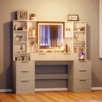 Coiffeuse sur mesure avec miroir et lumières, grande table de maquillage avec 8 tiroirs, étagères ouvertes et LED réglables pour la chambre à coucher