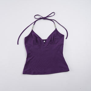 Haut Halter Perlé Col V pour Femme, Coupe Ajustée, Couleur Unie, Bretelles Fines, Tricoté Respirant, Idéal Été Décontracté ou Rendez-vous - Product Image 2