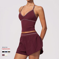 Nouvel ensemble de yoga pour femme en tissu brossé, design color-block, haut dos nu à col en V et short, ensemble de sport et fitness à séchage rapide, modèle