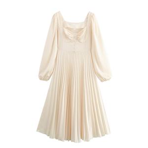 Vente en gros de vêtements pour femmes sur mesure, robe longue élégante à manches longues de haute qualité, col carré, robe maxi plissée - Product Image 1