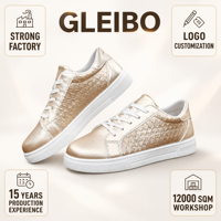 OEM ODM Chaussures plates à plateforme pour femmes, style baskets décontractées, dorées métallisées, à motif croco gaufré, à lacets, pour la marche quotidienne et la mode