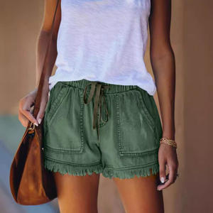 Short en jean pour femme cordon taille élastique ourlet effiloché pantalon court été décontracté jean ample avec poches - Product Image 4