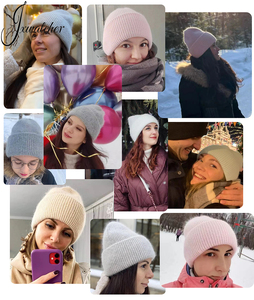 <span class=keywords><strong>Bonnet</strong></span> en laine d'angora tricoté pour <span class=keywords><strong>femme</strong></span>, doux, <span class=keywords><strong>chaud</strong></span> et moelleux, avec patch en cuir personnalisé, <span class=keywords><strong>bonnet</strong></span> uni pour les voyages - Product Image 5