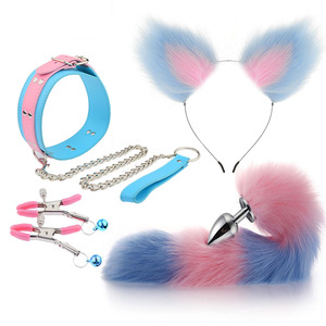 Ensemble de plug anal en métal pour adultes, godemichet anal <span class=keywords><strong>à</strong></span> <span class=keywords><strong>queue</strong></span> de renard bleu rose, 4 pièces, cosplay, dilatateur anal, jouets sexuels sexy pour femmes, masturbation anale - Product Image 3