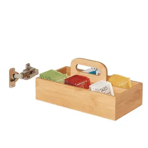 Ontwerp Bamboe Hout Compact Thee Organizer Caddy Tote Bin - 6 Verdeeld Secties, bijgevoegde Handvat-Houder Voor Theezakjes, Cof