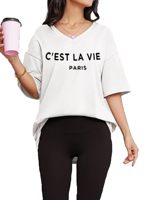 Camiseta de manga corta con cuello en V de gran tamaño para mujer, camiseta estampada Vintage de algodón de punto de alta calidad personalizada, ropa de mujer