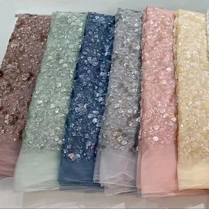 Nigerian Sequins Tulle Lace Fabric High Quality Beaded Lace With Embroidered for Wedding