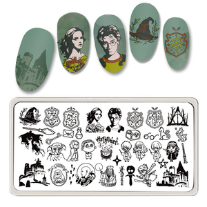 Plaque de tamponnage pour ongles MCBL, thème film magique, motif badge château de sorcier, en acier inoxydable, pochoir souple pour impression d'art d'ongles, logo - Product Image 1