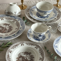 Service de table en céramique de luxe vintage de style français, compatible micro-ondes, avec assiettes et bols sous glaçure à motif manorial