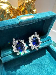 Elegant Silver Royal <b>Blue</b> Stone <b>Stud</b> <b>Earrings</b> Surrounded With Sparkling White Leaf Design Luxury Bridal Party <b>Earring</b> For Women - Product Image 3