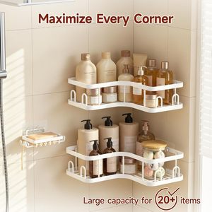 Lot de 3 étagères <span class=keywords><strong>d</strong></span>'<span class=keywords><strong>angle</strong></span> de douche, adhésives sans perçage, avec porte-savon et crochets, cadre métallique épaissi avec coupelles et crochets - Product Image 5