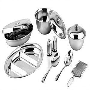 Juego de cena de acero inoxidable pulido de 11 piezas al por mayor, bandeja de servicio de Metal económica, servidor de platos con platos, cuencos, cucharas - Product Image 1
