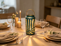 Lanterne en métal bleu sarcelle à découpes en forme de feuille, lanterne décorative portable en fer avec bordure dorée, option d'éclairage LED personnalisable