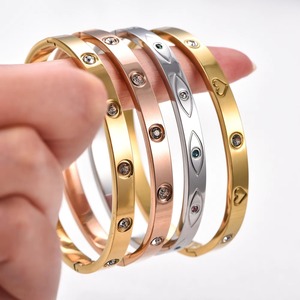 Bracelet manchette ouvert en acier inoxydable et zircone pour femme, motif œil et cœur, accessoire de bijouterie en métal poli, cadeau - Product Image 6